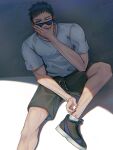  1boy adjusting_sock aomine_daiki black_footwear black_hair black_shorts covering_mouth foot_out_of_frame hand_over_own_mouth highres kuroko_no_basuke muscular muscular_male one_eye_closed outdoors shirt shoes short_hair short_sleeves shorts sitting sneakers solo sunglasses white_shirt yato_(alphonse59) 