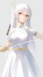  1girl artist_name commentary dress eyebrows_visible_through_hair grey_background holding holding_sword holding_weapon long_hair looking_at_viewer original parted_lips red_eyes short_sleeves simple_background skeptycally solo sword weapon white_dress white_hair 