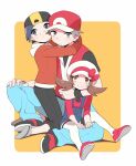  1girl 2boys backwards_hat baseball_cap black_hair black_pants blue_pants bow brown_eyes brown_hair cabbie_hat capri_pants closed_mouth commentary_request ethan_(pokemon) hat hat_bow jacket long_hair looking_back lyra_(pokemon) multiple_boys pants parted_lips pokemon pokemon_(game) pokemon_frlg pokemon_hgss pumpkinpan red_(pokemon) red_bow red_footwear red_headwear red_jacket red_shirt shirt shoes short_hair short_sleeves sitting sweatdrop thigh-highs twintails white_headwear white_legwear 