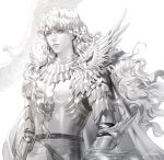  1boy androgynous armor bangs belt berserk bird breastplate cape commentary_request fake_wings falcon faulds gauntlets greyscale griffith_(berserk) highres korean_commentary long_hair male_focus monochrome pauldrons shoulder_armor solo standing upper_body vlfdus_0 wavy_hair wings 