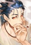  1boy blue_hair bok cigarette cu_chulainn_(fate) cu_chulainn_(fate/stay_night) earrings eyelashes fate/stay_night fate_(series) highres jewelry korean_commentary long_hair male_focus multiple_earrings multiple_piercings necklace ponytail red_eyes slit_pupils smoke smoking solo spiky_hair 
