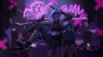  2girls arcane:_league_of_legends arm_tattoo arm_up bangs belt blue_hair boots braid child cloud_tattoo dual_persona foreshortening freckles gun handgun highres holding holding_gun holding_weapon indoors jinx_(league_of_legends) league_of_legends long_hair multiple_girls noriuma pants pink_pants pistol powder_(arcane) rocket_launcher shirt short_hair sitting smile stomach_tattoo striped striped_pants striped_shirt tattoo twin_braids very_long_hair weapon 