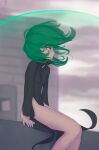  1girl absurdres black_dress building city clouds cloudy_sky curly_hair daniel_deves dress energy_barrier eyebrows_visible_through_hair flipped_hair green_eyes green_hair highres looking_afar one-punch_man outdoors rain short_hair side_slit sitting sky solo tatsumaki 