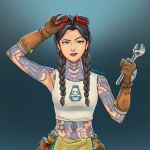  arm_tattoo armpits black_hair braid brown_gloves earrings fortnite freckles full-body_tattoo gloves goggles goggles_on_head green_eyes highres jewelry jules_(fortnite) logo neck_tattoo nose_piercing nose_ring piercing print_shirt purple_lips shirt shoulder_tattoo tattoo wrench 
