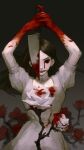  1girl 6_teh alice_in_wonderland american_mcgee&#039;s_alice arms_up black_eyes blood blood_from_eyes blood_on_clothes blood_on_hands blood_on_knife blood_on_weapon bloodshot_eyes brown_hair check_copyright closed_mouth colored_sclera copyright_request crying crying_with_eyes_open dress dripping flower gradient gradient_background grey_lips highres holding holding_knife holding_weapon knife long_hair pale_skin puffy_sleeves red_flower red_rose red_sclera rose smeared_blood smile solo tears thorns weapon white_dress white_flower white_rose 