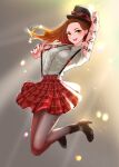  1girl black_legwear blush boots breasts earrings fortnite glasses hat highres jewelry long_hair looking_at_viewer nekoramen222 open_mouth pepper_thorne_(fortnite) redhead skirt smile solo tattoo top_hat yellow_eyes 