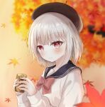  1girl autumn_leaves beret black_headwear black_sailor_collar blurry blurry_background bow can canned_coffee closed_mouth commentary_request depth_of_field georgia_max_coffee grey_hair hat highres holding holding_can leaf long_sleeves looking_at_viewer maple_leaf original pink_bow puffy_long_sleeves puffy_sleeves red_eyes sailor_collar shirt sirotuki_ito smile solo upper_body white_shirt 