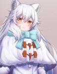  1girl animal_ears arctic_fox_(kemono_friends) blue_bow blue_bowtie blush bow bowtie capelet clasp coat darkness_syake eyebrows_visible_through_hair fox_ears fox_girl kemono_friends long_hair long_sleeves looking_at_viewer orange_eyes smile solo upper_body white_capelet white_coat white_hair winter_clothes 