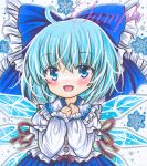  1girl :d ahoge alternate_costume blue_bow blue_eyes blue_hair blue_skirt bow cirno cowboy_shot eyebrows_visible_through_hair fang frilled_bow frilled_shirt frilled_shirt_collar frills hair_between_eyes hair_bow hands_on_own_chest ice ice_wings juliet_sleeves long_sleeves looking_at_viewer marker_(medium) open_mouth puffy_sleeves purple_ribbon ribbon rui_(sugar3) sample shirt skirt smile snowflake_background solo touhou traditional_media white_background white_shirt wings 