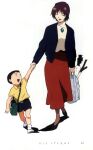  1990s_(style) 1boy 1girl absurdres age_difference bag child closed_eyes highres ikari_shinji ikari_yui mother_and_son neon_genesis_evangelion open_mouth red_skirt retro_artstyle shopping_bag short_hair size_difference skirt 