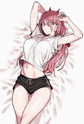  absurdres ass_visible_through_thighs blush casual chainsaw_man dolphin_shorts highres long_hair loose_clothes on_bed pink_hair power_(chainsaw_man) shirt shorts thigh_gap thighs urec 