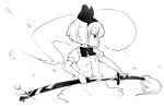  1girl black_hairband black_ribbon bow bowtie commentary_request cowboy_shot cropped_legs drawing_sword flower greyscale hair_ribbon hairband holding holding_sword holding_weapon katana konpaku_youmu konpaku_youmu_(ghost) looking_to_the_side monochrome ribbon short_hair short_sleeves simple_background skirt solo sword tanasuke tassel touhou vest weapon white_background 