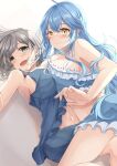  2girls :d absurdres asymmetrical_docking babydoll bare_arms bare_shoulders blue_hair blush breast_press breasts chemise closed_mouth elf fingernails grey_hair highres hololive large_breasts lllconfidential looking_at_viewer midriff midriff_peek multiple_girls navel open_mouth pajamas pointy_ears shirogane_noel shorts smile virtual_youtuber yukihana_lamy 