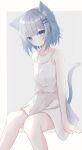  1girl absurdres animal_ear_fluff animal_ears bangs bare_arms bare_shoulders blue_eyes blush cat_ears cat_girl cat_tail closed_mouth collarbone commentary_request dress eyebrows_visible_through_hair feet_out_of_frame grey_background grey_hair hair_ornament hairclip highres looking_at_viewer original sirotuki_ito sitting sleeveless sleeveless_dress smile solo tail tail_raised two-tone_background white_background white_dress x_hair_ornament 