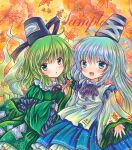  2girls :d :o autumn_leaves black_headwear blue_eyes blue_skirt cowboy_shot eyebrows_visible_through_hair falling_leaves floral_print frilled_skirt frilled_sleeves frills ghost green_eyes green_hair greened hat hat_ribbon japanese_clothes juliet_sleeves kariginu leaf light_blue_hair long_sleeves looking_at_viewer marker_(medium) medium_hair mononobe_no_futo multiple_girls neck_ribbon ofuda ofuda_on_clothes open_mouth orange_background outdoors puffy_sleeves purple_ribbon red_ribbon ribbon ribbon-trimmed_sleeves ribbon_trim rui_(sugar3) sample skirt smile soga_no_tojiko tate_eboshi touhou traditional_media white_ribbon wide_sleeves 