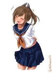  1girl alternate_costume arms_behind_back blue_sailor_collar blue_skirt blush breasts brown_hair cowboy_shot ebifurya eyebrows_visible_through_hair hair_between_eyes hair_ornament hairclip highres i-401_(kancolle) kantai_collection long_sleeves neckerchief one-hour_drawing_challenge open_mouth orange_neckerchief pleated_skirt ponytail sailor_collar school_uniform serafuku shirt simple_background skirt small_breasts smile solo twitter_username white_background 