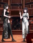  2girls absurdres aiming_at_viewer bangs black_dress black_hair black_legwear blunt_bangs blunt_ends china_dress chinese_clothes commentary dress dual_wielding floral_print gun handgun high_collar highres hime_cut holding holding_gun holding_weapon indoors long_dress long_hair looking_at_viewer luger_p08 m1911 multiple_girls nguyen_tam_lee open_mouth original print_dress short_sleeves side_slit sleeveless sleeveless_dress smile smoke standing straight_hair thigh-highs weapon white_dress 
