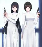 2girls absurdres black_eyes black_hair blunt_ends bob_cut closed_mouth commentary_request dress gun handgun high_collar highres hime_cut holding holding_gun holding_weapon long_dress long_hair long_sleeves looking_at_viewer luger_p08 m1911 multiple_girls nguyen_tam_lee open_mouth original short_hair simple_background smile standing straight_hair trigger_discipline vietnamese_dress weapon white_background white_dress 