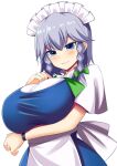  1girl apron blue_eyes braid breasts highres izayoi_sakuya large_breasts maid maid_headdress red_eyes short_hair silver_hair simple_background solo touhou twin_braids waist_apron white_background xialu_zajin 