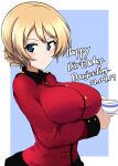  1girl absurdres aikir_(jml5160) bangs blonde_hair blue_background blue_eyes braid breast_hold breasts character_name closed_mouth commentary cup darjeeling_(girls_und_panzer) dated english_text girls_und_panzer happy_birthday highres holding holding_cup holding_saucer jacket large_breasts light_blush long_sleeves looking_at_viewer military military_uniform outside_border red_jacket saucer short_hair smile solo st._gloriana&#039;s_military_uniform teacup tied_hair uniform 