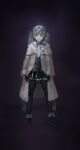  1girl aqua_necktie beige_coat black_coat black_footwear black_gloves black_legwear closed_mouth coat earrings eyelashes gloves gradient gradient_clothes green_eyes green_hair hatsune_miku highres jewelry long_eyelashes long_hair looking_at_viewer necktie open_clothes open_coat skirt solo standing thigh-highs twintails vocaloid wolflower 