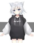  1girl :o animal_ears bangs black_hoodie blue_eyes blush cat_ears commentary_request drawstring eyebrows_visible_through_hair grey_background hair_between_eyes highres hood hood_down hoodie long_sleeves looking_at_viewer original parted_lips puffy_long_sleeves puffy_sleeves silver_hair sirotuki_ito solo two-tone_background white_background 