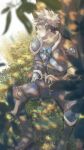  1boy armor black_gloves blonde_hair blue_butterfly blue_pants blurry blurry_foreground boots bug butterfly day fingerless_gloves gloves green_eyes headband highres kyle_broflovski male_focus monster_hunter_(series) monster_hunter_stories outdoors pants sitting solo spiky_hair tree yato_(alphonse59) 