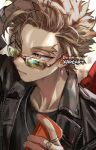  1boy accessories adjusting_hair artist_name black_jacket black_shirt blonde_hair blurry blurry_background boku_no_hero_academia chain collarbone earrings facial_hair forehead glasses goatee hawks_(boku_no_hero_academia) holding holding_phone jacket jewelry kadeart male_focus parted_lips phone reflection ringlets shirt short_hair solo spiky_hair stubble thick_eyebrows upper_body watch watch wings yellow_eyes 
