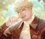 1boy bangs blonde_hair day granblue_fantasy green_eyes hand_up highres holding holding_leaf jacket kshbjb3bppui9om leaf leather leather_jacket looking_at_viewer male_focus open_clothes open_jacket open_mouth outdoors shirt short_hair smile solo upper_body vane_(granblue_fantasy) white_shirt 