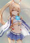  1girl 3d_background absurdres armpits ascot ayanami_(azur_lane) azur_lane bangs blue_skirt blurry choker collarbone commentary_request depth_of_field detached_sleeves eyebrows_visible_through_hair grey_background groin hair_between_eyes hair_ornament hairclip hands_on_own_chest headgear highres leaning_forward long_hair long_sleeves looking_at_viewer mamiya_yuki mental_cube_(azur_lane) navel orange_eyes pleated_skirt ponytail retrofit_(azur_lane) ribbon-trimmed_sleeves ribbon_trim school_uniform serafuku sidelocks silver_hair simple_background skirt solo stomach thigh-highs wide_sleeves zettai_ryouiki 