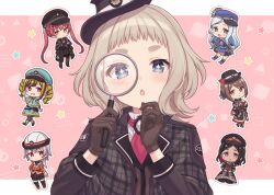  +_+ 6+girls :d :o absurdres aqua_hat arched_bangs black_hair black_hat blonde_hair blue_eyes blue_hair blue_hat blush_stickers brown_eyes brown_gloves brown_hair brown_shirt capelet character_request closed_mouth colored_inner_hair commentary_request copyright_request dot_mouth dot_nose gloves hands_up hat headwear_request highres holding holding_magnifying_glass light_blush light_brown_hair long_hair long_sleeves looking_at_viewer magnifying_glass medium_hair multicolored_hair multiple_girls open_mouth orange_eyes pink_background plaid_capelet plaid_clothes red_eyes redhead second-party_source shiromikan shirt short_bangs short_hair smile solo_focus star_(symbol) thick_eyebrows twintails upper_body very_long_hair violet_eyes white_hair white_hat 