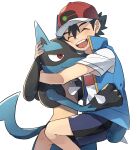  1boy :d ash_ketchum bangs baseball_cap black_hair blue_jacket closed_eyes commentary_request eyelashes hair_between_eyes hat highres hug jacket lucario male_focus open_mouth ou_negi pokemon pokemon_(anime) pokemon_(creature) pokemon_swsh_(anime) red_eyes red_headwear shirt short_hair short_sleeves shorts sleeveless sleeveless_jacket smile spiky_hair teeth tongue upper_teeth white_shirt 