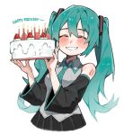  1girl aqua_hair aqua_necktie bangs bare_shoulders birthday_cake black_skirt blush breasts cake candle closed_eyes collared_shirt cropped_legs detached_sleeves english_text eyebrows_visible_through_hair flipped_hair food fruit grey_shirt grin hair_between_eyes hair_ornament hatsune_miku highres holding holding_cake holding_food long_hair medium_breasts necktie neon_trim open_mouth pleated_skirt shirt shoulder_tattoo sidelocks simple_background skirt sleeveless smile solo strawberry tattoo twintails useq1067 very_long_hair vocaloid white_background 