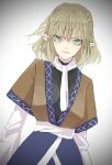  1girl bangs blonde_hair closed_mouth green_eyes highres long_sleeves looking_at_viewer medium_hair mizuhashi_parsee nanasuou pointy_ears solo touhou upper_body vignetting white_background 