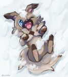  ;d blue_eyes commentary_request fangs full_body highres ice22poke lying no_humans on_back one_eye_closed open_mouth pokemon pokemon_(creature) rockruff smile snow solo toes tongue twitter_username 