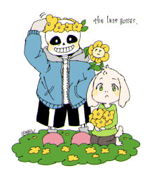 2023 2d 3boys anthro asriel_dreemurr black_pants blue_jacket chromatic_aberration cute digital_media english_text floppy_ears flower flower_wreath flowey_(undertale) full_body fur furry furry_male goat goat_boy goat_ears green_eyes green_shirt hand_on_own_head head_wreath highres holding holding_flower humanoid jacket kneeling looking_at_viewer male male_only mammal monster monster_boy multiple_boys pants pink_slippers plant sakekuzu_no_ame sans_(undertale) seiza simple_background skeleton slippers socks spoilers standing straight-on striped_pants teeth text trio twitter_username undead undertale white_background white_fur white_stripes wreath yellow_flower