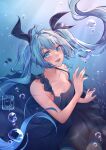 1girl air_bubble artist_name bare_arms black_bow black_dress blue_eyes blue_hair blue_theme bow breasts bubble caustics chikenryice collarbone colored_eyelashes dress eyebrows_visible_through_hair eyelashes fingernails fish hair_between_eyes hair_bow hands_up hatsune_miku head_tilt heart_bubbles highres lens_flare light_blush light_rays light_smile lips long_hair looking_at_viewer parted_lips shinkai_shoujo_(vocaloid) sleeveless sleeveless_dress small_breasts solo spaghetti_strap teeth twintails underwater upper_teeth very_long_hair vocaloid 