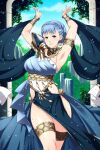  1girl alternate_costume armlet armpits arms_up bangs blue_dress blue_hair bracelet braid choker clouds commentary commission contrapposto crown_braid dancer dancer_(three_houses) dancing day dress earrings fire_emblem fire_emblem:_three_houses fire_emblem_heroes hair_bun hip_vent jewelry lindaroze looking_at_viewer marianne_von_edmund official_alternate_costume pelvic_curtain single-shoulder_dress smile solo standing thighlet tree yellow_eyes 
