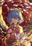  1girl absurdres autumn_leaves blue_hair hair_ornament highres leaf_hair_ornament leaf_print long_sleeves mirror oil open_hand otomeza_ryuseigun red_eyes red_shirt rope shide shimenawa shirt short_hair skirt slit_pupils solo touhou water_drop yasaka_kanako 