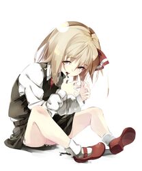  1girl arms_up bangs black_skirt black_vest blonde_hair commentary_request dress eyelashes gorilla_(bun0615) highres long_sleeves looking_at_viewer mary_janes open_mouth red_footwear rumia shirt shoes short_hair simple_background sitting skirt socks solo touhou vest white_background white_legwear white_shirt 