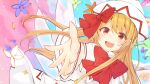  1girl blonde_hair bow bowtie capelet danmaku dress dutch_angle fairy fairy_wings flower happy hat hat_bow highres lily_white long_hair open_mouth orange_eyes red_bow red_bowtie red_neckwear solanikieru touhou upper_body very_long_hair white_capelet white_dress white_headwear wide_sleeves wings 