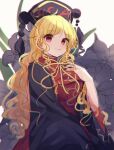 1girl black_dress blonde_hair breasts chinese_clothes crescent dress flower hand_on_own_chest highres junko_(touhou) long_hair medium_breasts moshihimechan phoenix_crown pom_pom_(clothes) red_eyes red_tabard ribbon tabard tassel touhou wide_sleeves yellow_ribbon 