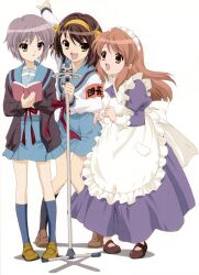  3girls absurdres apron artist_request asahina_mikuru black_cardigan blue_dress blue_sailor_collar blue_skirt breasts brown_eyes brown_hair cardigan dress frilled_apron frills full_body grey_hair hairband highres kita_high_school_uniform long_hair maid maid_headdress medium_breasts microphone microphone_stand multiple_girls music nagato_yuki official_art open_mouth orange_hairband sailor_collar school_uniform serafuku short_hair simple_background singing skirt suzumiya_haruhi suzumiya_haruhi_no_yuuutsu white_apron white_background winter_uniform 