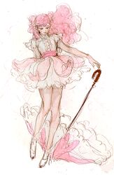  1girl bangs blush buttons cherry_blossom_cookie cookie_run dress floating_hair frills humanization laphet long_hair looking_down outstretched_arm parasol pink_eyes pink_hair short_twintails sketch smile solo standing swept_bangs twintails umbrella wind 