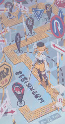  1girl absurdres arrow_(symbol) back_bow beret black_corset black_footwear black_gloves black_hat blindfold blonde_hair boots bow bowtie caution_tape charlotte_(madoka_magica) chinese_commentary closed_mouth commentary_request corset covered_eyes detached_sleeves dotted_line drill_hair exit_sign expressionless fingerless_gloves flower_hairpin full_body gloves grey_thighhighs grief_seed gun hat hat_feather highres holding holding_gun holding_leash holding_weapon knee_boots kyubey leash long_hair long_sleeves looking_at_creature madoka_runes magical_girl magical_musket mahou_shoujo_madoka_magica mahou_shoujo_madoka_magica_(anime) map_pin miniskirt pleated_skirt puffy_long_sleeves puffy_short_sleeves puffy_sleeves ribbon shirt shixin_changjinglu short_sleeves skirt standing striped_clothes striped_thighhighs tactile_paving thigh-highs tile_floor tiles tomoe_mami twin_drills two-tone_footwear vertical-striped_clothes vertical-striped_thighhighs weapon white_ribbon white_shirt white_sleeves yellow_blindfold yellow_bow yellow_bowtie yellow_footwear yellow_ribbon yellow_skirt 