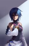  1girl aqua_(kingdom_hearts) bare_shoulders blue_eyes blue_hair breasts closed_mouth detached_sleeves fingerless_gloves gloves kingdom_hearts kingdom_hearts_birth_by_sleep looking_at_viewer medium_breasts sasanomesi short_hair simple_background solo tears yellow_eyes 