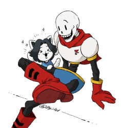 >_< 1boy 1girl 2023 2d animal arm_support blue_shorts boots cape digital_media duo figure_four_sitting foot_out_of_frame fur gloves highres humanoid male monster monster_boy papyrus_(undertale) red_boots red_cape red_gloves sakekuzu_no_ame shorts simple_background sitting skeleton teeth temmie twitter_username undead undertale white_background white_fur