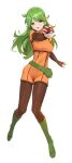  1girl ace_trainer_(pokemon) bangs bodysuit bodysuit_under_clothes boots breasts brown_bodysuit commentary_request covered_navel eyebrows_visible_through_hair fanny_pack fingerless_gloves full_body gloves green_eyes green_footwear green_hair hand_up highres holding holding_poke_ball knee_boots long_hair long_sleeves looking_at_viewer medium_breasts open_mouth poke_ball pokemon pokemon_(game) pokemon_bdsp shiny shiny_hair simple_background skin_tight solo white_background yd_(orange_maru) 