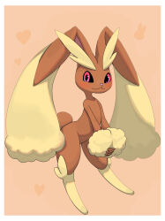  1girl absurdres animal_ears animal_nose black_sclera blush body_fur border brown_fur closed_mouth colored_sclera commentary_request flat_chest full_body furry furry_female happy heart heart_background highres interlocked_fingers legs looking_at_viewer lopunny orange_background own_hands_together partial_commentary pink_eyes pointy_ears pokemon pokemon_(creature) rabbit_ears rabbit_girl rabbit_tail short_tail simple_background smile solo standing tail thighs tofu_mochi two-tone_fur white_border yellow_fur 