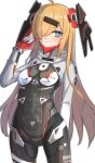 1girl absurdres arm_behind_back arm_up bangs blonde_hair blue_eyes bodysuit closed_mouth eyebrows_visible_through_hair feet_out_of_frame girls_frontline gloves hair_between_eyes hair_ornament hair_over_one_eye highres long_hair looking_at_viewer mg36_(blue_dragon_stands_above_sector_09)_(girls&#039;_frontline) mg36_(girls&#039;_frontline) mole mole_under_eye multicolored_bodysuit multicolored_clothes multicolored_gloves omurainu one_eye_covered solo standing white_background 